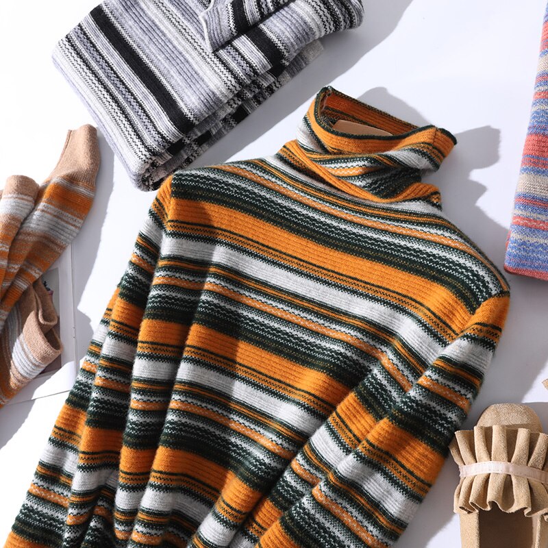 Women Cashmere Sweater Turtleneck Warm Wool Knitting Jumper Female Vintage Striped Pullover