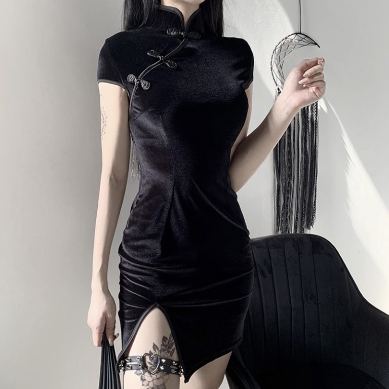 Goth Dark women dress cheongsam chinese style skinny mini dress ...